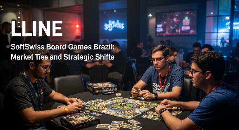 Brazilian board game cafe scene with SoftSwiss branding and players at a table