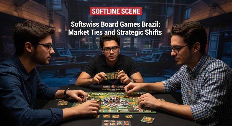 Brazilian board game cafe scene with SoftSwiss branding and players at a table