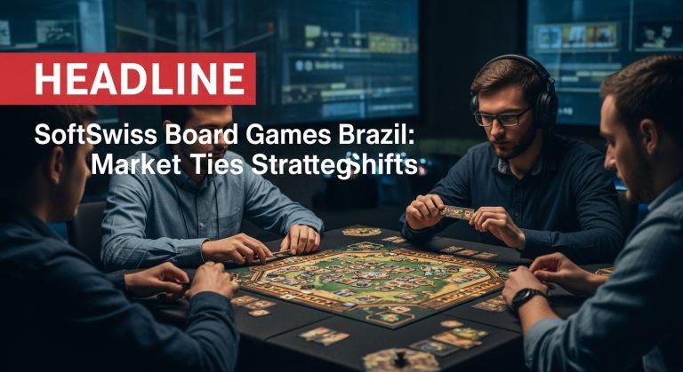 Brazilian board game cafe scene with SoftSwiss branding and players at a table