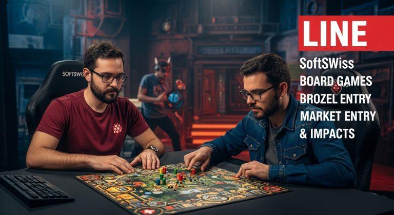Brazilian board game store featuring SoftSwiss branding and players engaged in a tabletop game.
