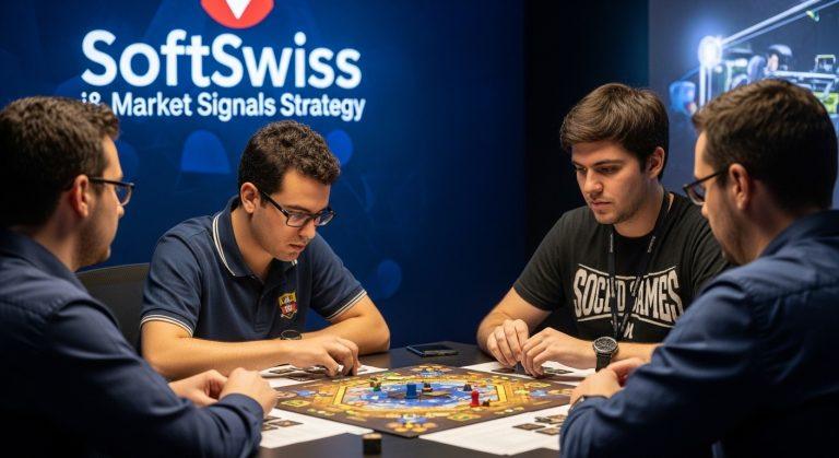 Diverse group of players at a Brazilian board game cafe surrounded by colorful game boxes.