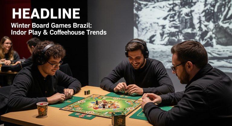People playing board games in a Brazilian cafe during winter, with warm lighting and stacks of colorful games on a shelf