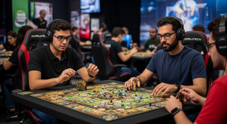Editorial image of a Brazilian board game planning session with prototypes and a map of Brazil, featuring Thrilltech bra