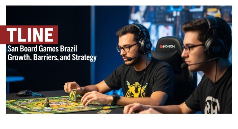 People playing board games in a Brazilian cafe, shelves of colorful game boxes in the background.