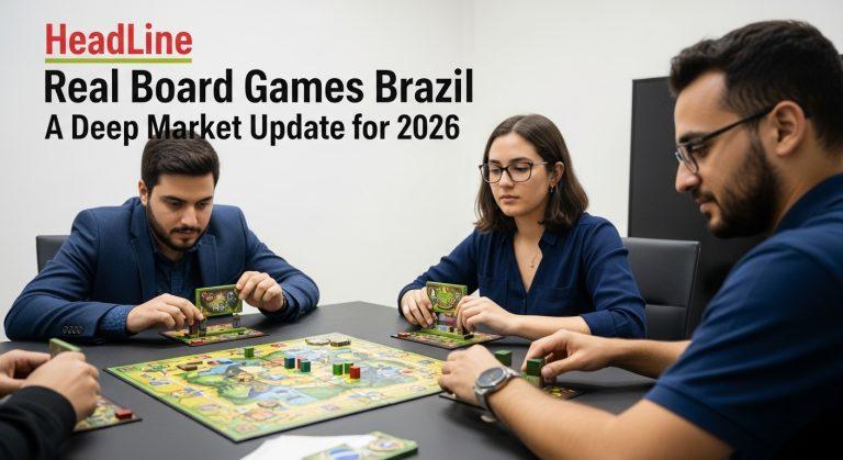 People playing board games in a Brazilian board game cafe with shelves full of titles