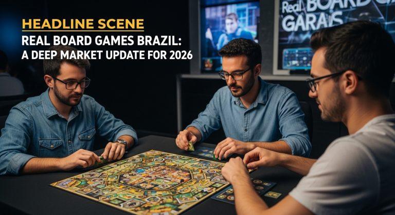 People playing board games in a Brazilian board game cafe with shelves full of titles