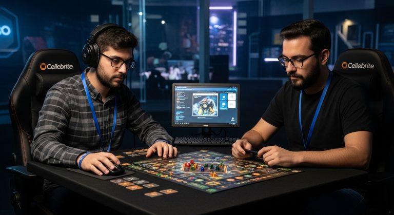 Editorial illustration of Brazilian board gaming with data privacy concepts.