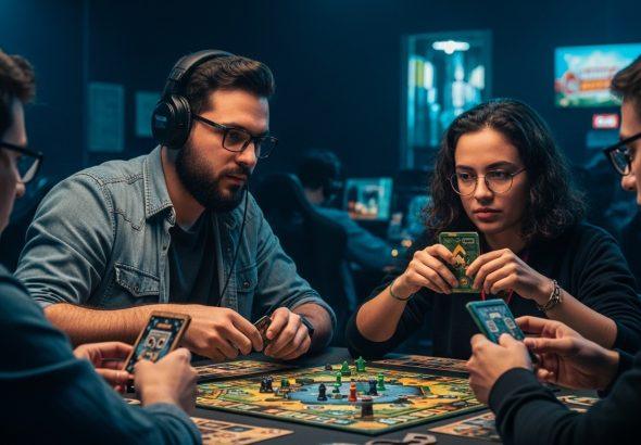 Board game night with weather forecast on tablet and São Paulo skyline