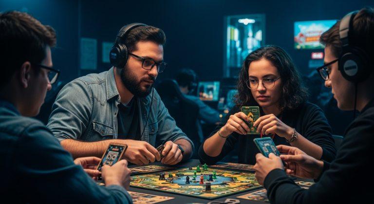 Board game night with weather forecast on tablet and São Paulo skyline