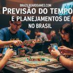 Jogadores de board games planejando atividades em um espaço interno com previsão do tempo exibida