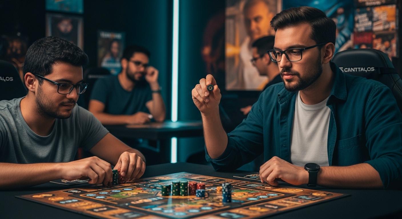 Board game shop table featuring Tele Sena tickets and game components to illustrate market analysis