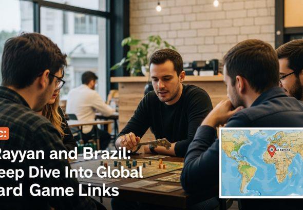 Brazilian board gamers at a cafe with a map highlighting Al Rayyan.