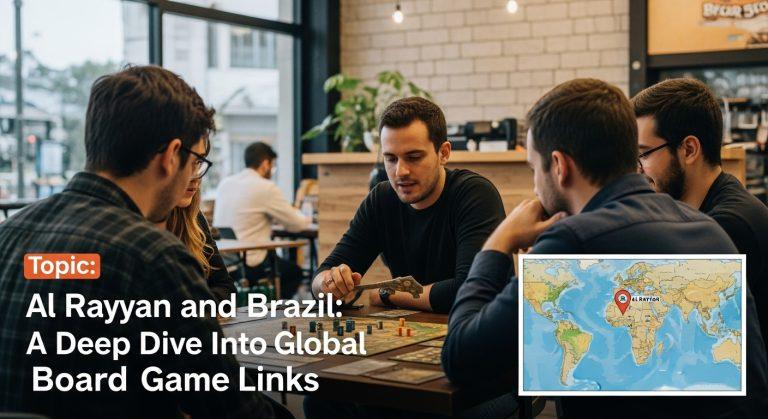 Brazilian board gamers at a cafe with a map highlighting Al Rayyan.