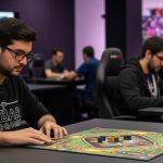 Cozy Brazilian board game cafe interior with patrons enjoying a game night.