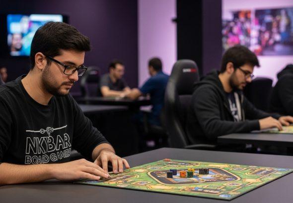 Cozy Brazilian board game cafe interior with patrons enjoying a game night.