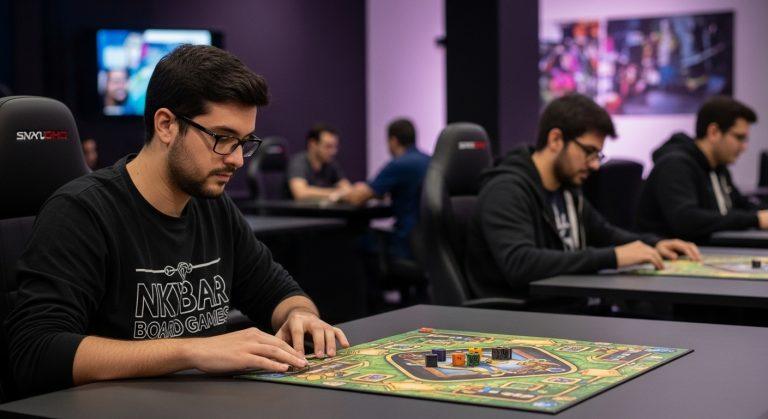 Cozy Brazilian board game cafe interior with patrons enjoying a game night.